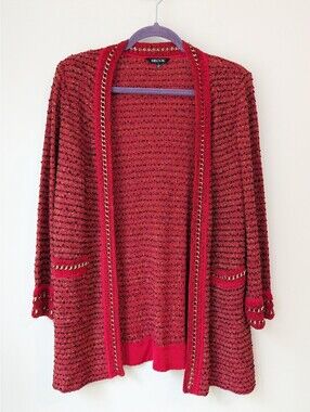 Misook Chain Trim Tweed Cardigan